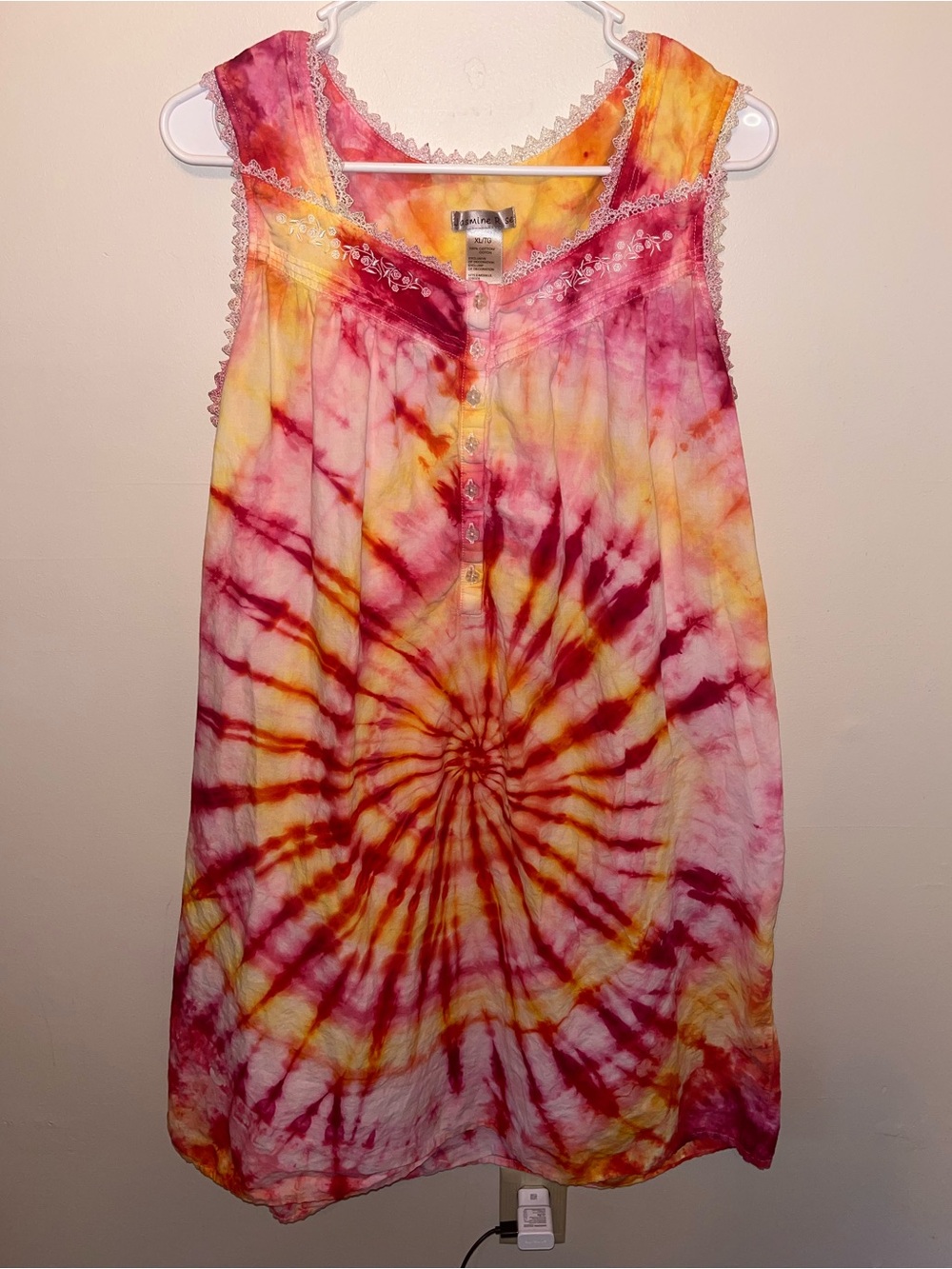 Custom Made Tie-Dye Sleeveless Night Gown Pajamas Pink Yellow Size XL Hippie